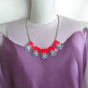 Gold Red Blue Statement Necklace Crystal Flower Bib Adjustable Glam Party Chic